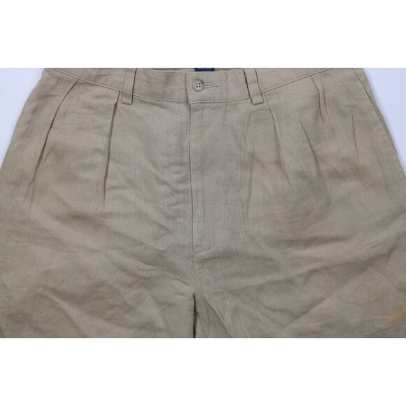 Vintage 90s Ralph Lauren Mens 32 Distressed Linen Above Knee Chino Shorts Beige - Picture 3 of 16